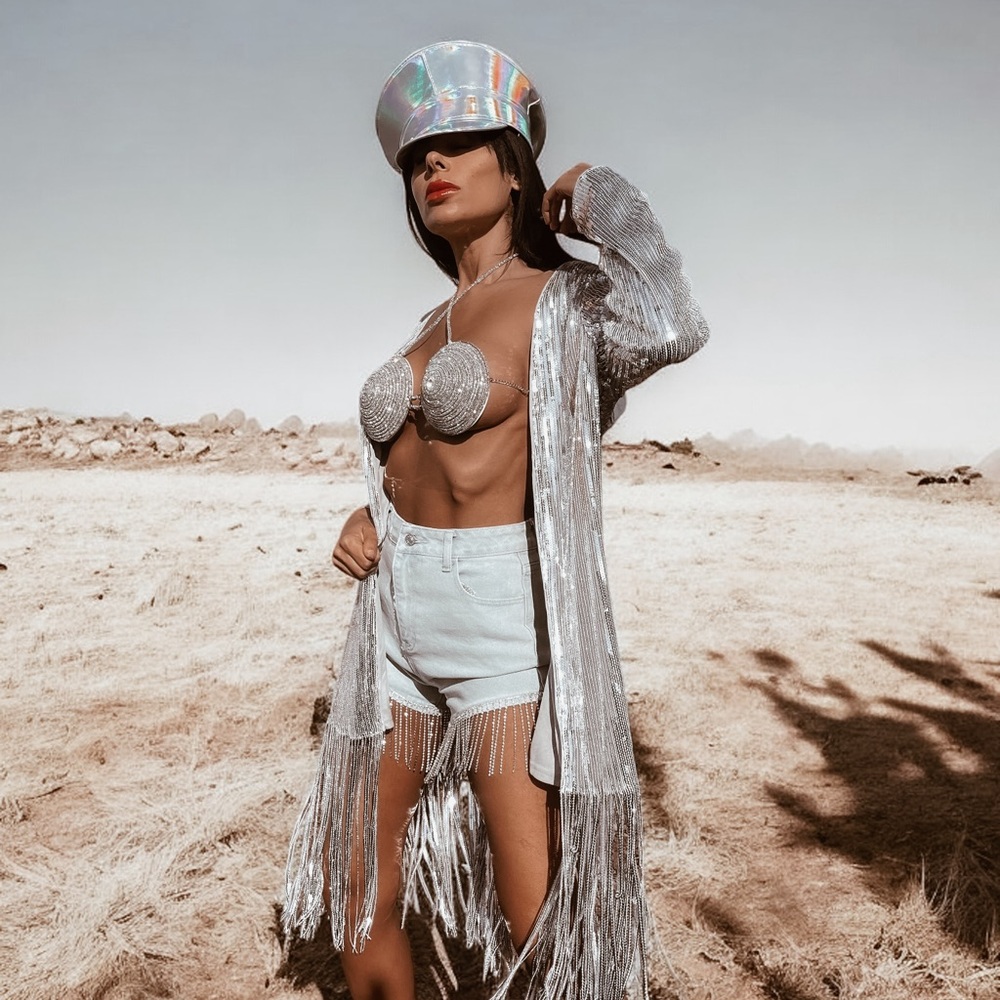 Renaissance Tour Silver Fully Sequined Fringe Burningman Kimono